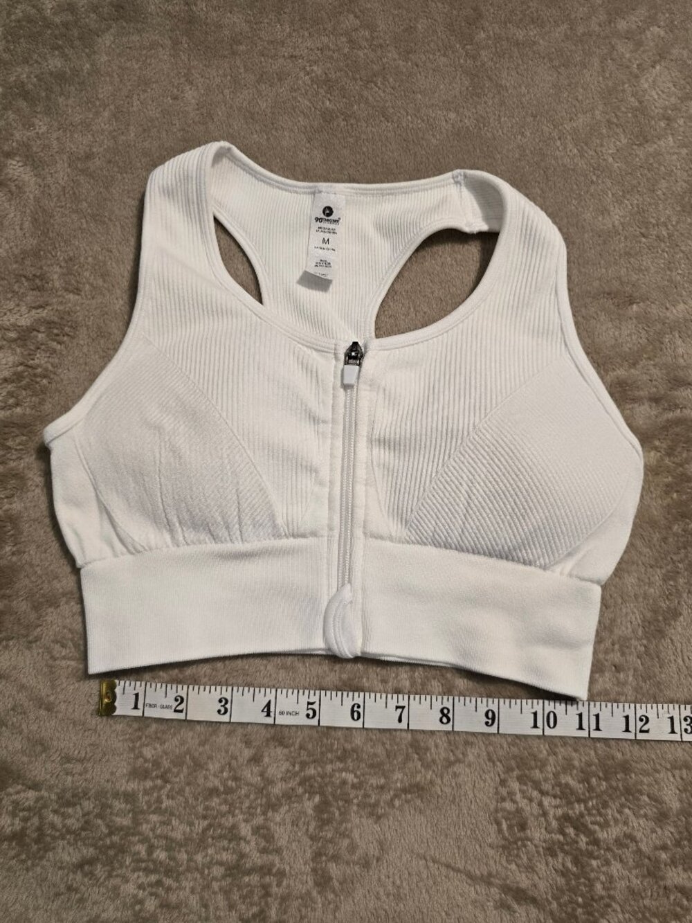 90 Degree by Reflex White Ribbed Front-Zip Sports Bra - Size M (Gently Used)
